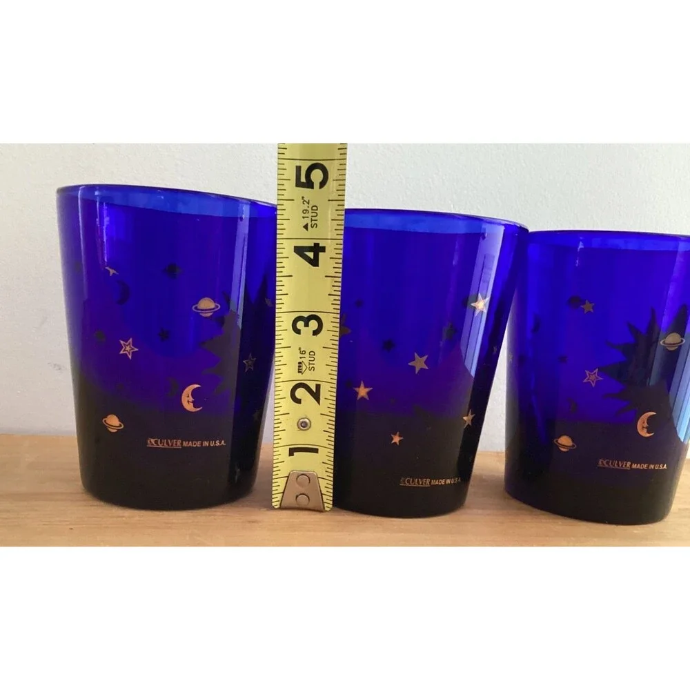 Set 3 Culver Cobalt Blue Glasses Gold Sun Moon Stars USA 12 oz Cocktail Glass